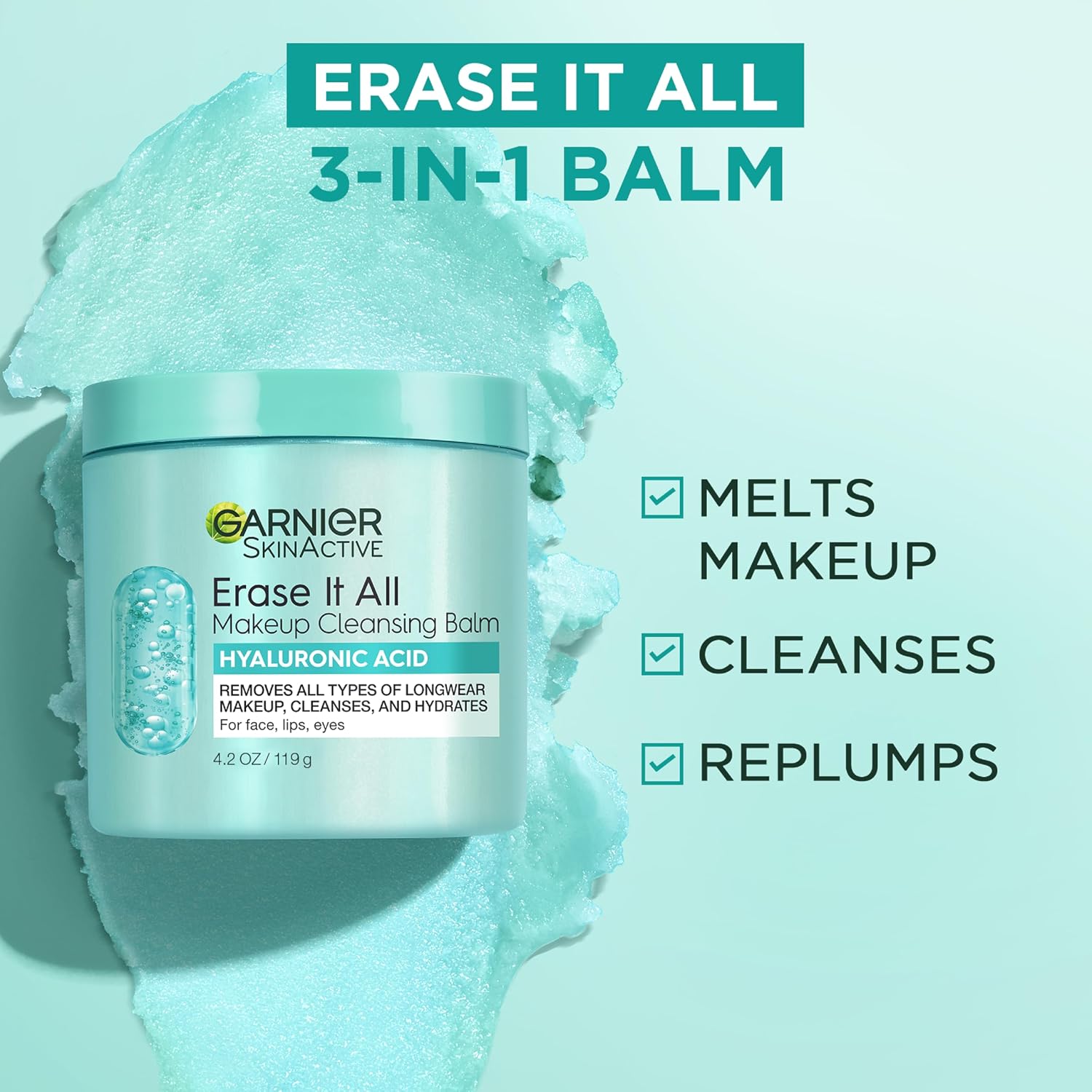 Garnier Erase It All Makeup Cleansing Balm with Hyaluronic Acid, Replumping Facial Cleanser and Makeup Remover, 4.2 Oz - Image 3