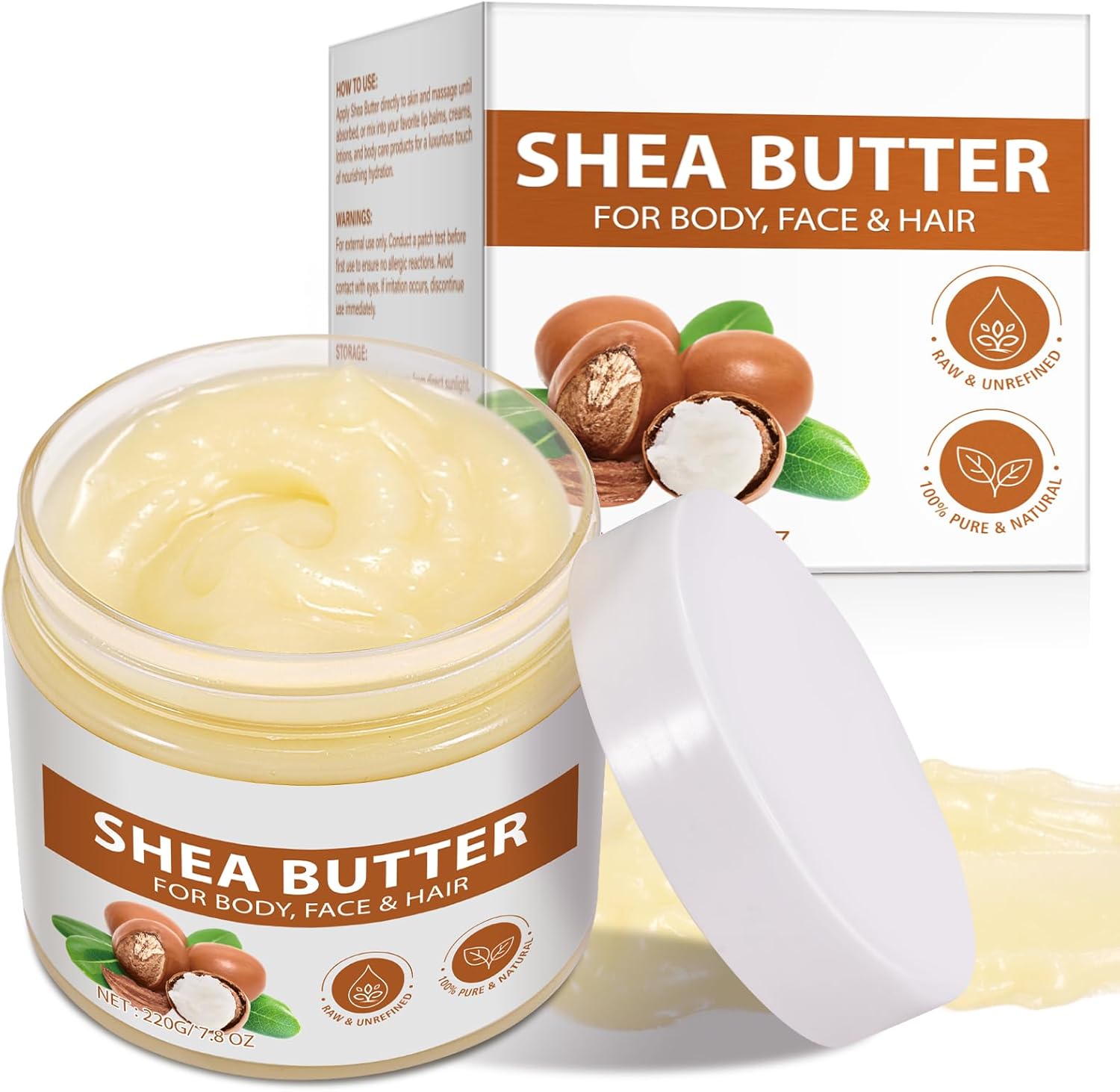 Pure Organic Shea Butter Raw, Unrefined Body & Face Butter - 100% Natural Vitamin A, E & F - Long-Lasting Hydration for Dry Skin, Hair Care, 7.8 oz